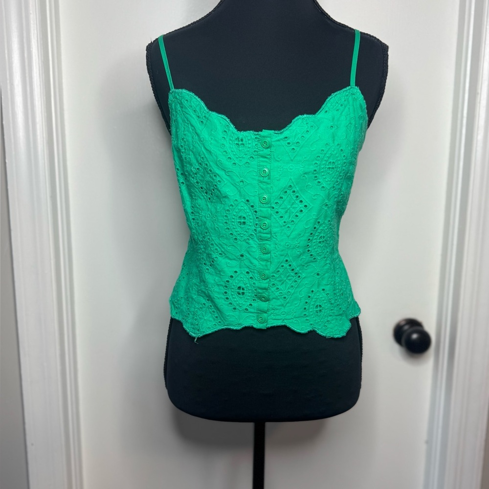 Altar’d State Eyelet Front Button Fitted Tank Women Top Kelly Green Large